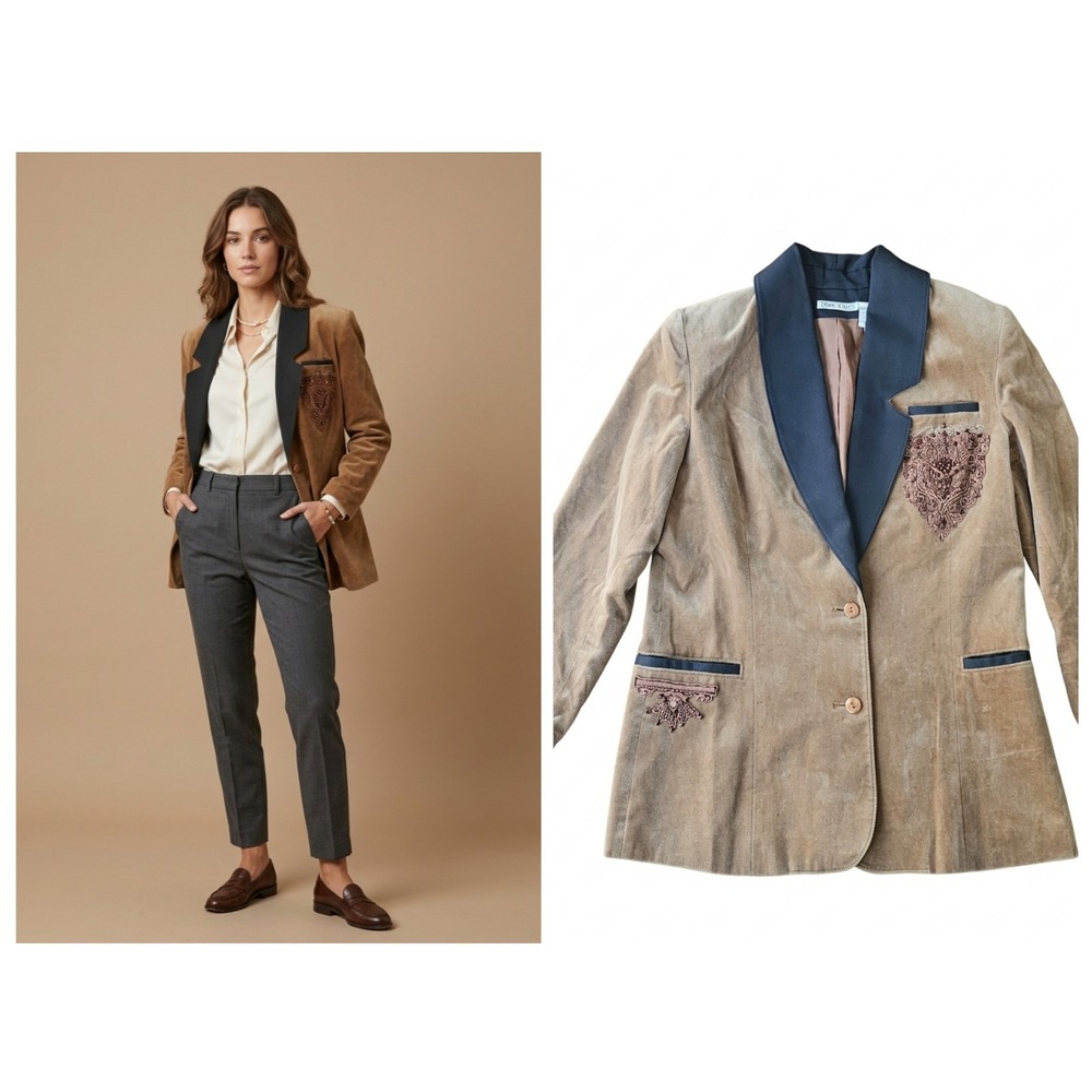 VTG Marc D'Alcy Blazer Womens 8 Tan Velvet Beaded Lace Equestrian Dark Academia